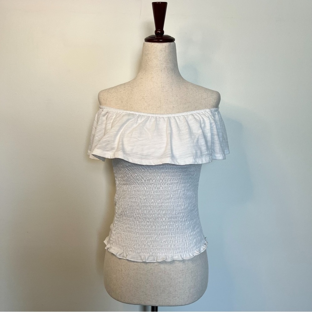White Off-the-Shoulder Smocked Ruffle Top Size Medium